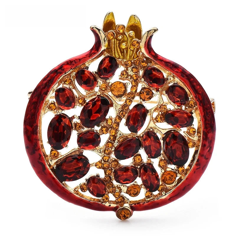 Jeweled Pomegranate with Enamel Rim Brooch — Red