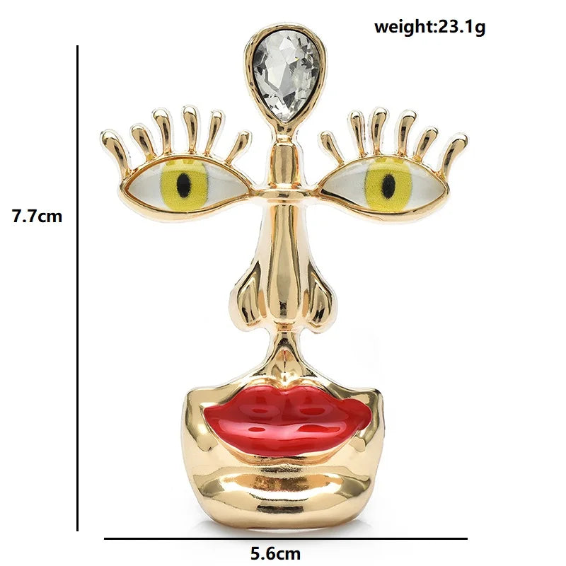 Surreal Face with Yellow Eyes and Red Lips Brooch — dimensions