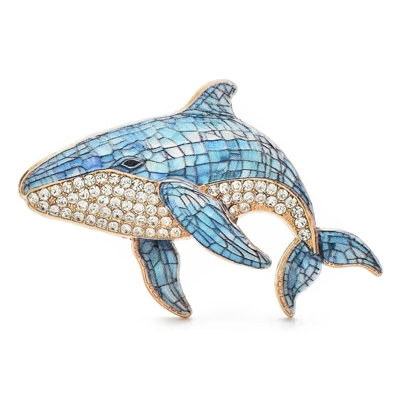 Rhinestone Orca Whale Brooch — Light Blue