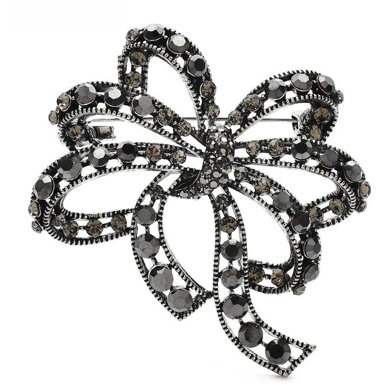 Vintage-Style Looping Rhinestone Bow Brooch — Gray
