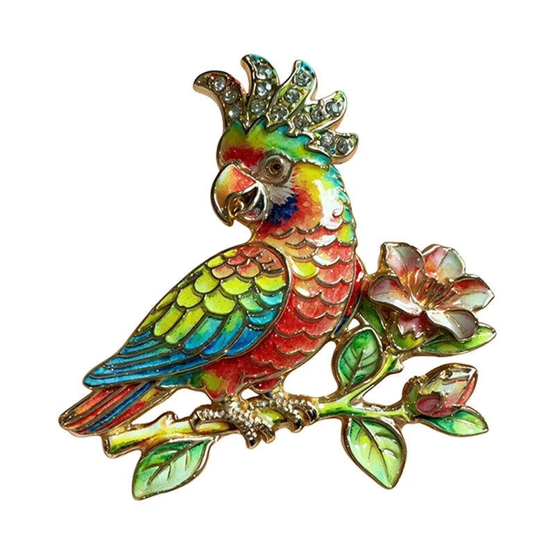 Crested Parrot on Flowering Branch Brooch original white background product photo