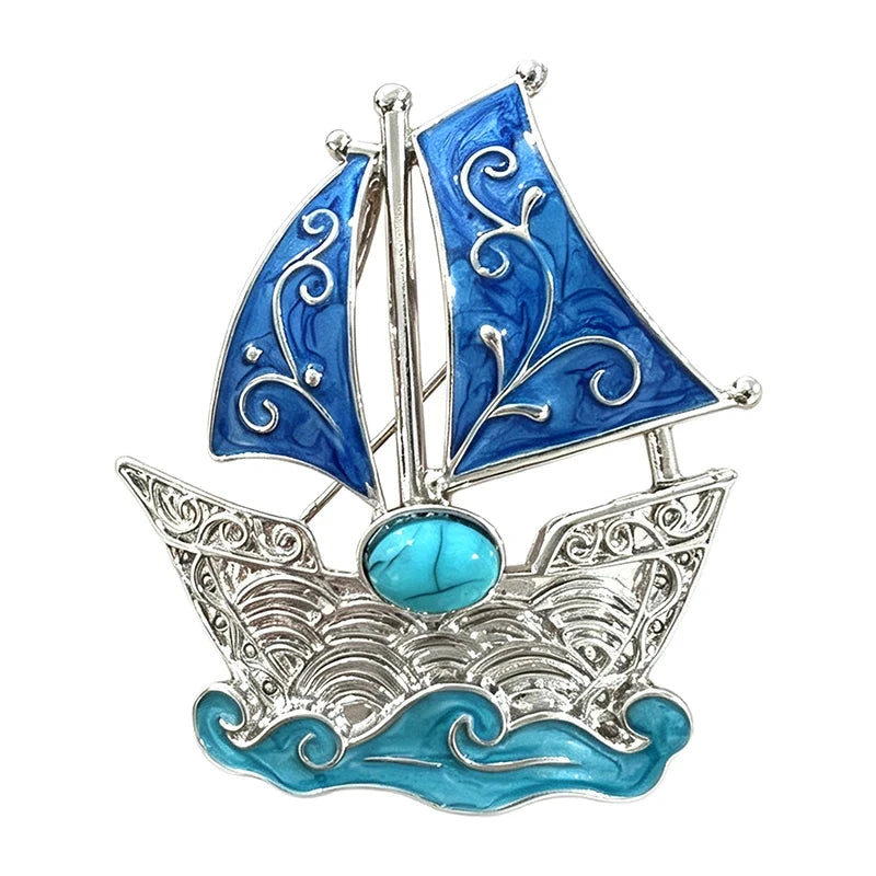 Vintage Blue Sailing Boat Brooch original white background product photo