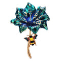 Enamel Flower with Bee on Curved Stem Brooch — Teal Blue