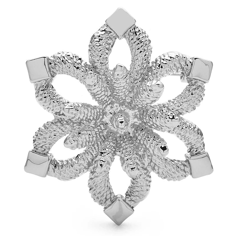 Textured Six-Petal Snowflake Brooch — Silver
