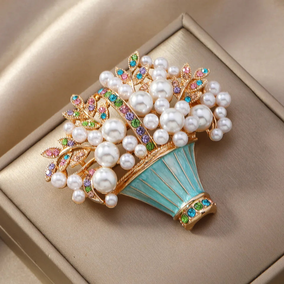 Broche bouquet de fleurs façon perle en pot