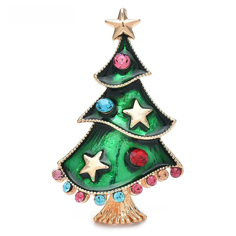 Green Enamel Christmas Tree with Stars Brooch — Green