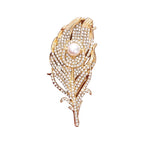 Jeweled Peacock Feather with Pearl-Look Center Brooch — Gold & White