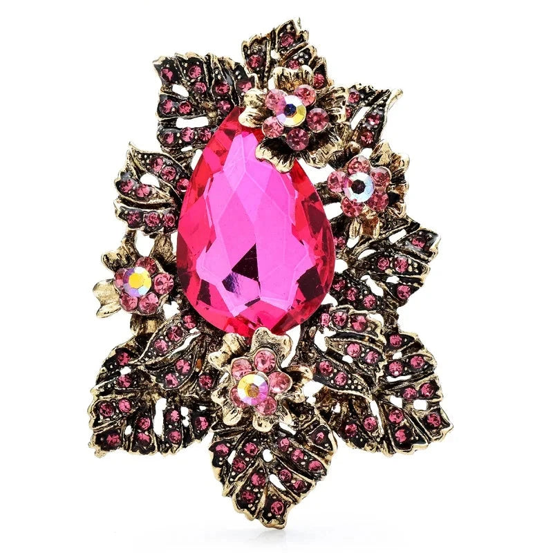 Vintage-Style Floral Cluster with Teardrop Center Brooch — Pink