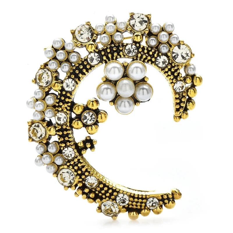 Pearl-Look Crescent Moon and Stars Brooch — Gold