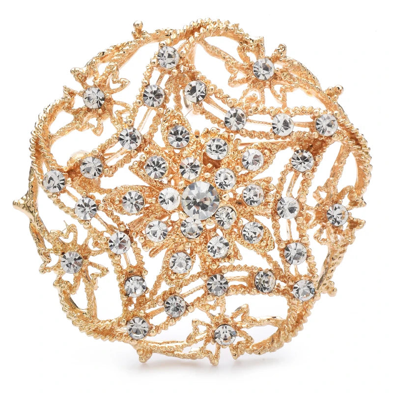 Openwork Star Flower Rhinestone Medallion Brooch — Clear