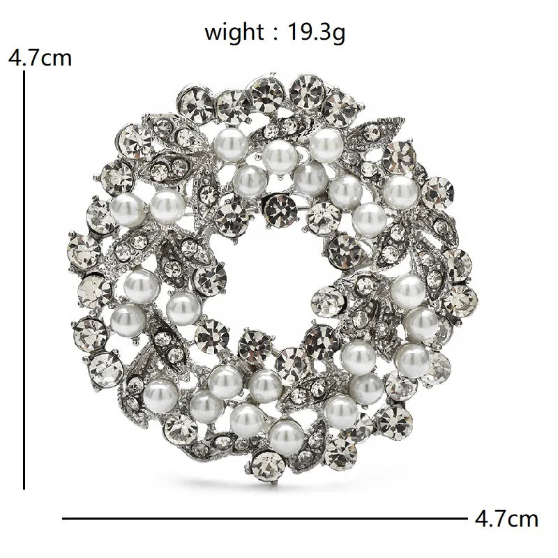 Rhinestone Flower Wreath with Pearl-Look Beads Brooch — dimensions