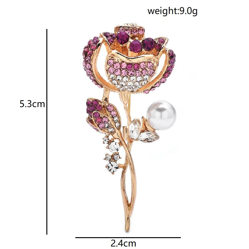 Rhinestone Rose with Pearl-Look Drop Brooch — dimensions
