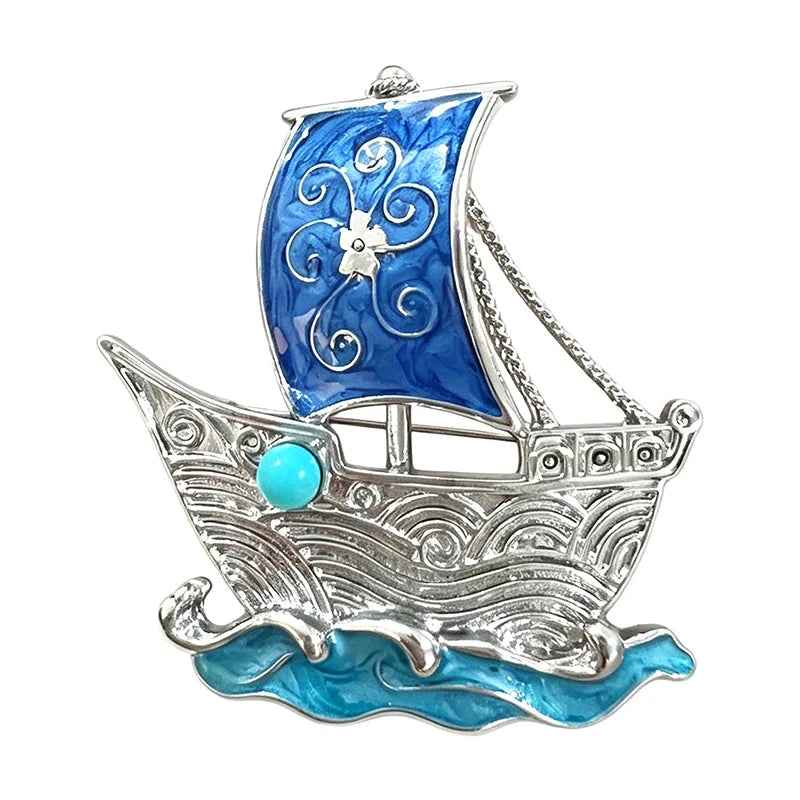 Vintage Blue Sailing Boat Brooch original white background product photo