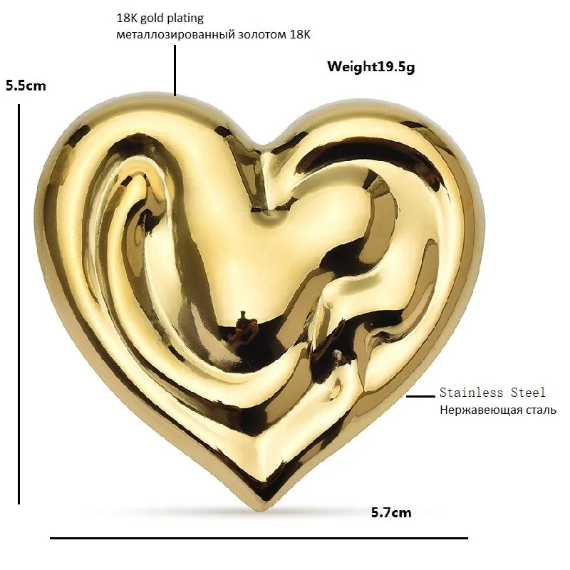 Sculptural Heart Stainless Steel Brooch — dimensions