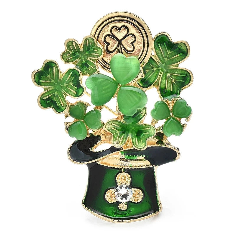 Green Clover in Leprechaun Hat Brooch — Clover & Hat