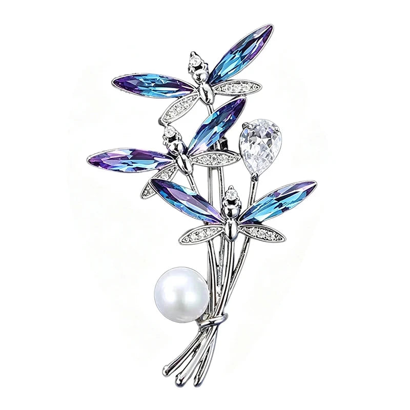 Dragonfly Trio with Pearl-Look Accent Brooch original white background product photo
