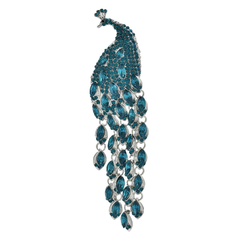 Cascading Crystal-Look Peacock Brooch