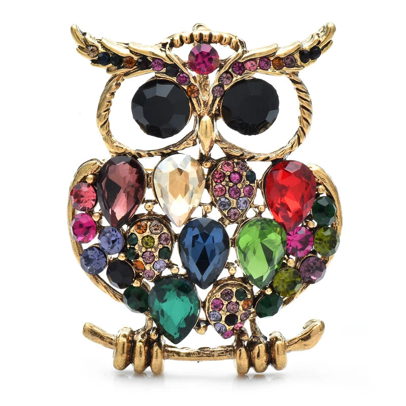 Jeweled Owl with Oversized Eyes Brooch — Multicolor