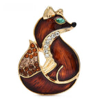 Curled Enamel Fox with Rhinestones Brooch — Brown
