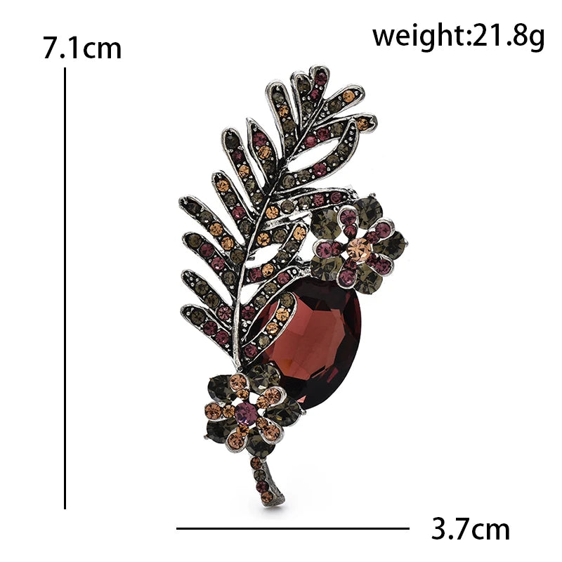 Vintage-Style Jeweled Leaf with Oval Stone Brooch — dimensions