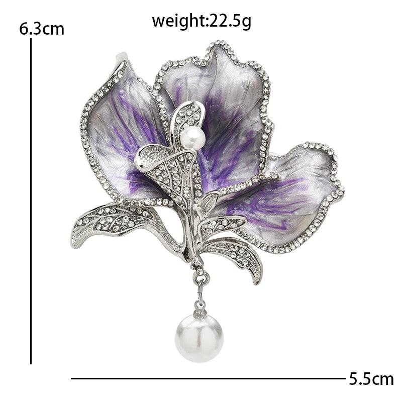 Purple Enamel Flower with Round Pearl-Look Drop Brooch — dimensions