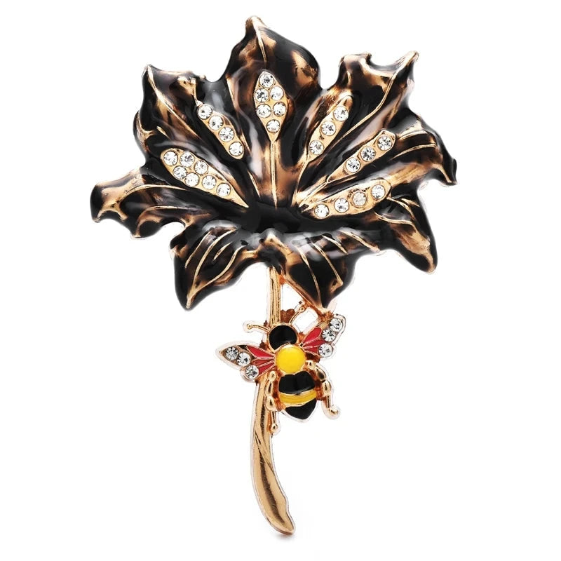 Enamel Flower with Bee on Curved Stem Brooch — Black & Gold