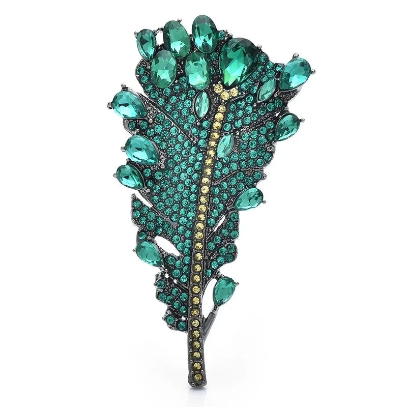 Rhinestone Feathered Leaf Brooch — Green