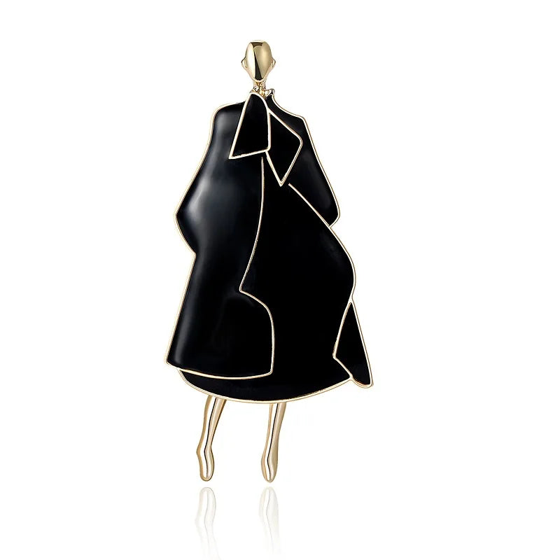 Modern Woman in Enamel Coat Brooch — Black