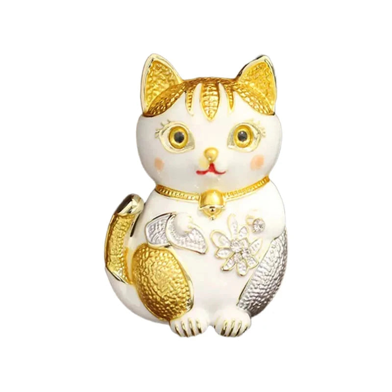White and Gold Enamel Lucky Cat Brooch — White & Gold Lucky Cat