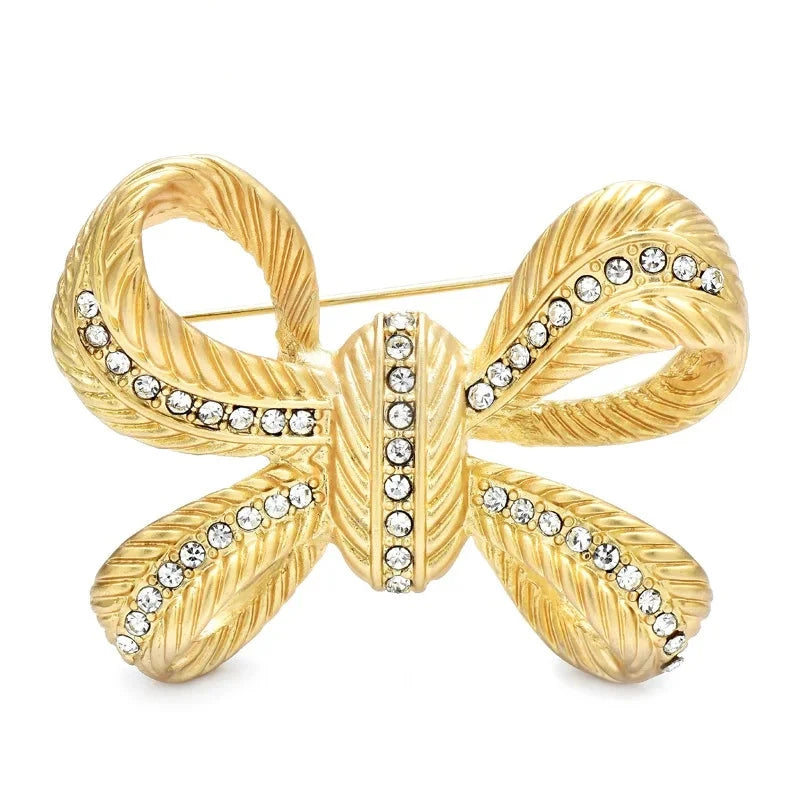 Textured Bow with Rhinestone Ribbons Brooch — Gold-Tone Bow