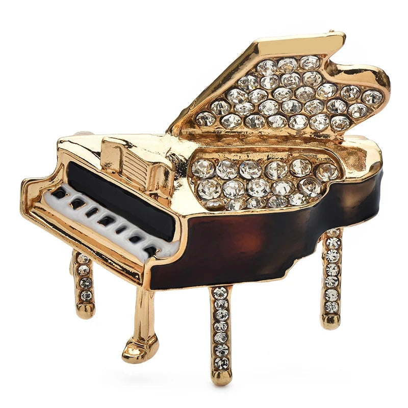 Jeweled Grand Piano with Enamel Body Brooch — Black & Gold Piano