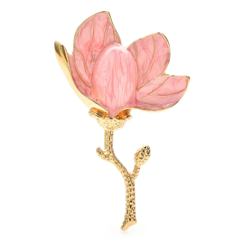 Enamel Magnolia Stem Brooch — Pink