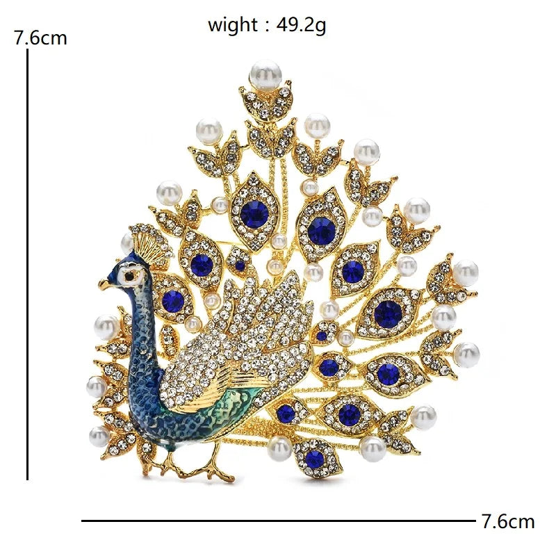 Jeweled Peacock with Pearl-Look Tail Brooch — dimensions