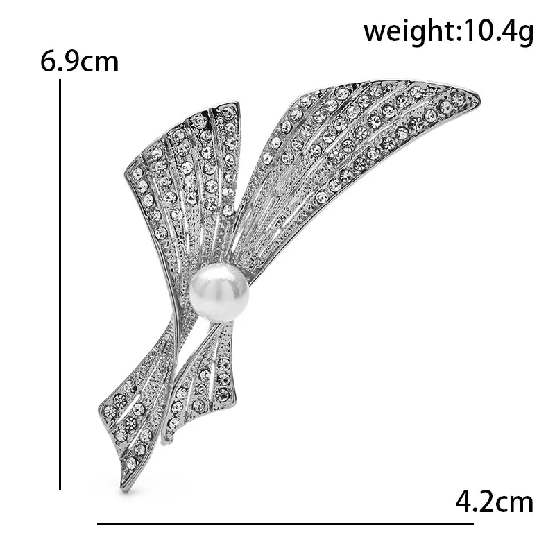 Rhinestone Ribbon Bow with Pearl-Look Center Brooch — dimensions