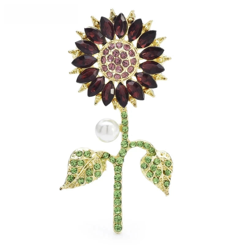 Purple Rhinestone Sunflower on Stem Brooch — Purple Sunflower