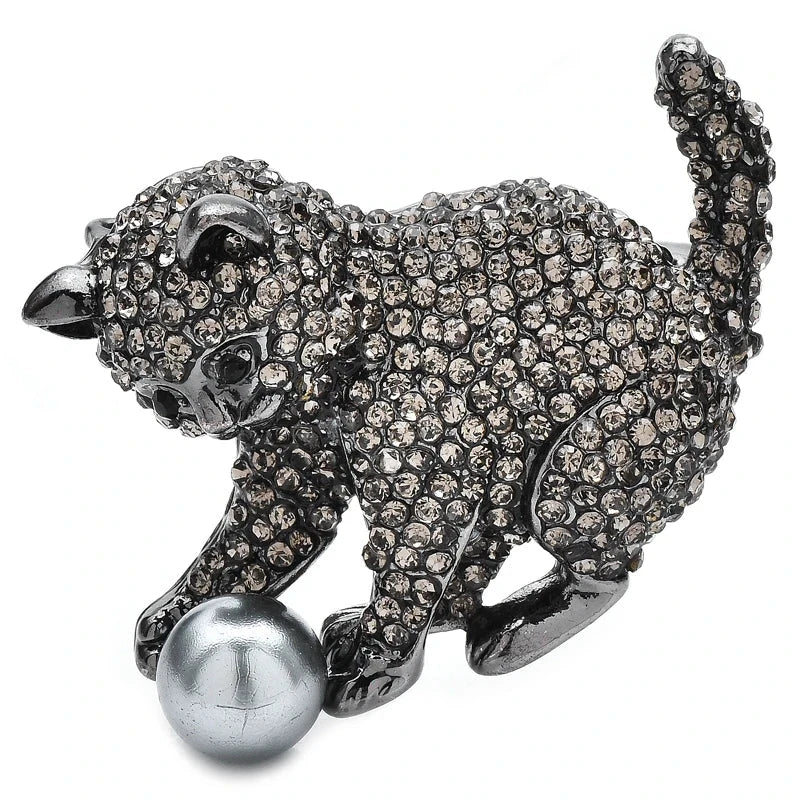 Rhinestone Cat Playing with Pearl-Look Ball Brooch