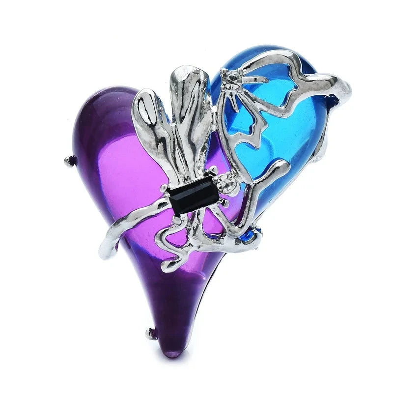 Blue and Purple Heart with Silver-Tone Dragonfly Brooch — Blue & Purple Heart
