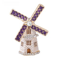 Rhinestone Windmill Cottage Brooch — Purple