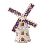 Rhinestone Windmill Cottage Brooch — Purple