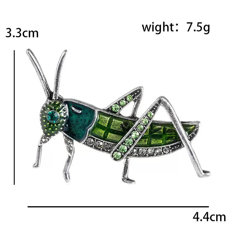 Green Enamel Grasshopper with Rhinestones Brooch — dimensions