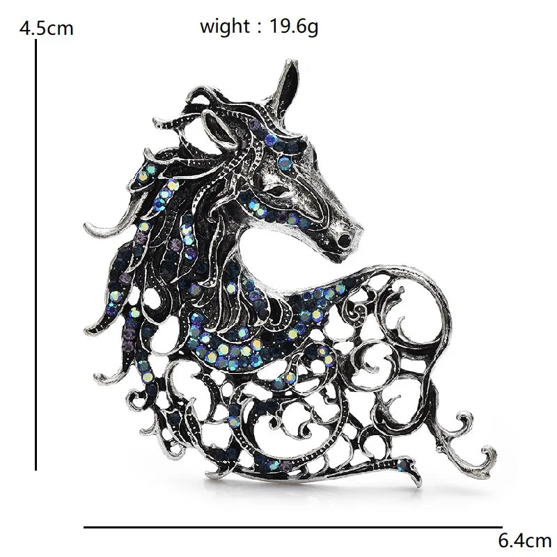 Vintage-Style Openwork Horse with Rhinestones Brooch — dimensions