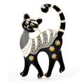 Enamel Cat with Floral Pattern Brooch — Black