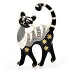 Enamel Cat with Floral Pattern Brooch — Black