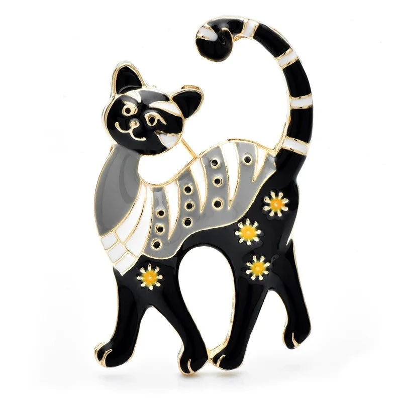 Enamel Cat with Floral Pattern Brooch — Black