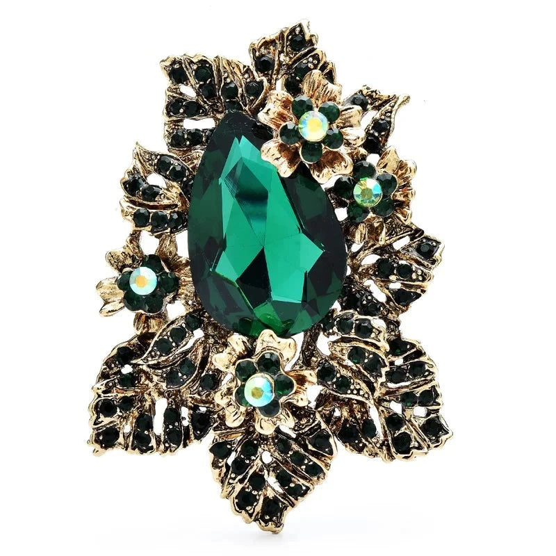 Vintage-Style Floral Cluster with Teardrop Center Brooch — Green