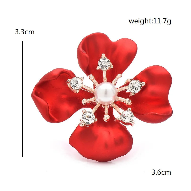Red Enamel Flower with Pearl-Look Center Brooch — dimensions