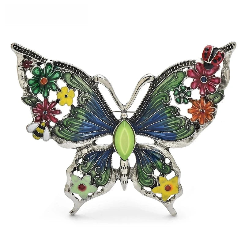 Vintage-Style Floral Enamel Butterfly Brooch — Green