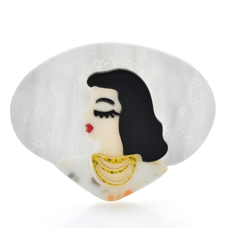 Acrylic Portrait with Layered Necklace Brooch — White