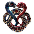 Intertwined Enamel Snake Pair Brooch — Blue & Red