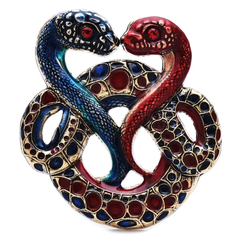 Intertwined Enamel Snake Pair Brooch — Blue & Red